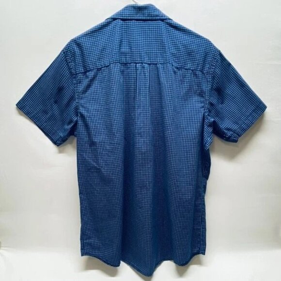 Van Heusen Shirt Men's Large Short Sleeve Classic Fit Button Down Navy Grid EUC - Picture 2 of 5